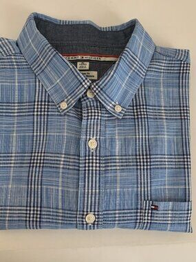 TOMMY HILFIGER Shirt Men XL Blue Plaid Button-Down Custom-Fit 100% Cotton